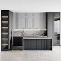 Modern Kitchen Interior Featuring Dark And Light Cabinets Marble Countertop Island With Under Cabinet Lighting