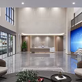 Modern Spacious Office Reception Lobby With Large Digital Screen And Elegant Marble Interior Design