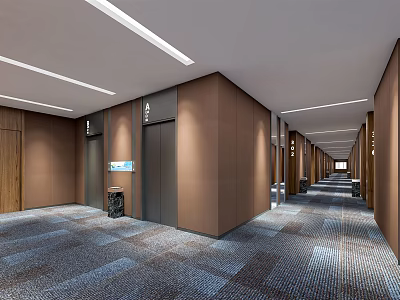 Modern Hotel Corridor With Brown Walls Gray Carpet Ceiling Light Strips And Elevators 3d model