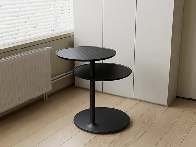 Black Two Tier Round Side Table In Modern Room With White Cabinet And Wooden Floor 3d model