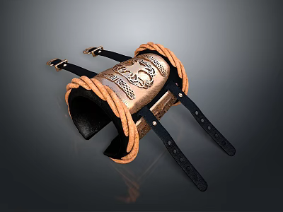 Ornate Black Leather Wrist Cuff With Gold Metal Patterns And Orange Rope Accents 3d model