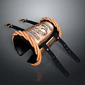 Ornate Black Leather Wrist Cuff With Gold Metal Patterns And Orange Rope Accents
