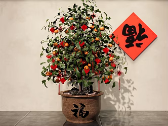 potted new year rich tree potted orange tree kumquat tree chinese knot red lantern pendant green tree bonsai 3d model
