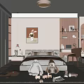 Cozy Kids Room Interior With Stuffed Toys Bookshelves Desk Chair Rug And Wall Art