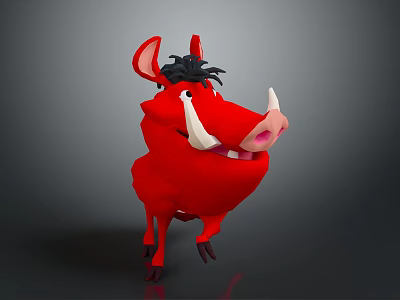 Cartoon Red Boar Character With White Tusks Black Mane And Smiling Expression 3d model