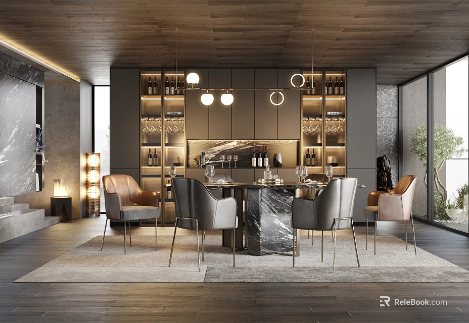 Modern Restaurant Interior With Round Marble Dining Table Gray Chairs Hanging Lights And Wine Racks 3d model 