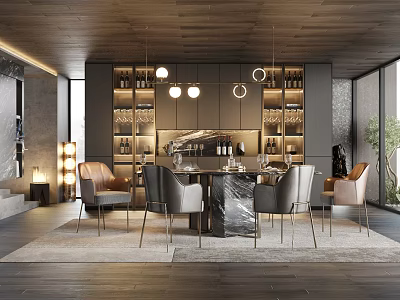 Modern Restaurant Interior With Round Marble Dining Table Gray Chairs Hanging Lights And Wine Racks 3d model