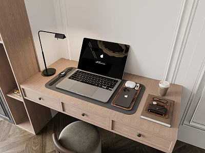 Wooden Desk with Laptop Lamp Mobile Phone Cups Notebook and Gray Chair 3d model