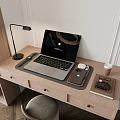 Wooden Desk with Laptop Lamp Mobile Phone Cups Notebook and Gray Chair