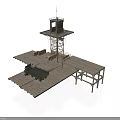 Modern Military Watchtower Structure With Wooden Platform And Green Vehicle Design
