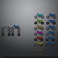 Colorful Motorcycle Models with Black Wheels in Blue Green Orange Red Yellow Arranged in Rows