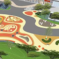 Urban Plaza Landscape Design With Curved Pavement Green Lawns And Red Decorative Installations