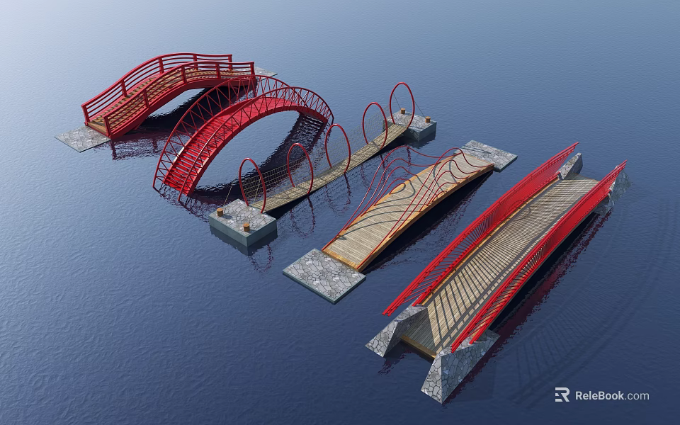 Red Landscape Bridges With Various Designs Wooden Decks And Stone Bases On Water 3d model 