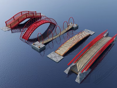 Red Landscape Bridges With Various Designs Wooden Decks And Stone Bases On Water 3d model