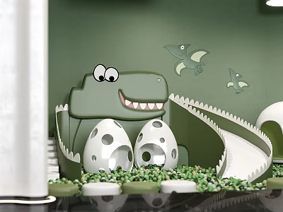 Dinosaur Themed Kids Play Area With Green Wall Slide And White Dino Eggs Decor 3d model