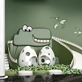 Dinosaur Themed Kids Play Area With Green Wall Slide And White Dino Eggs Decor