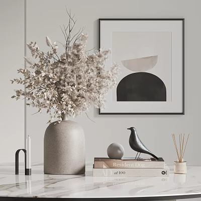 Stylish Modern Decorative Ornament Set With Vase Dried Flowers Bird Figurine Books And Reed Diffuser 3d model
