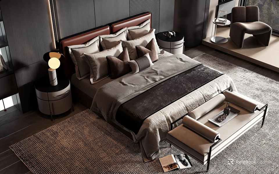 Modern Double Bed With Brown Headboard Multiple Pillows Gray Bedding Nightstand And Bench 3d model