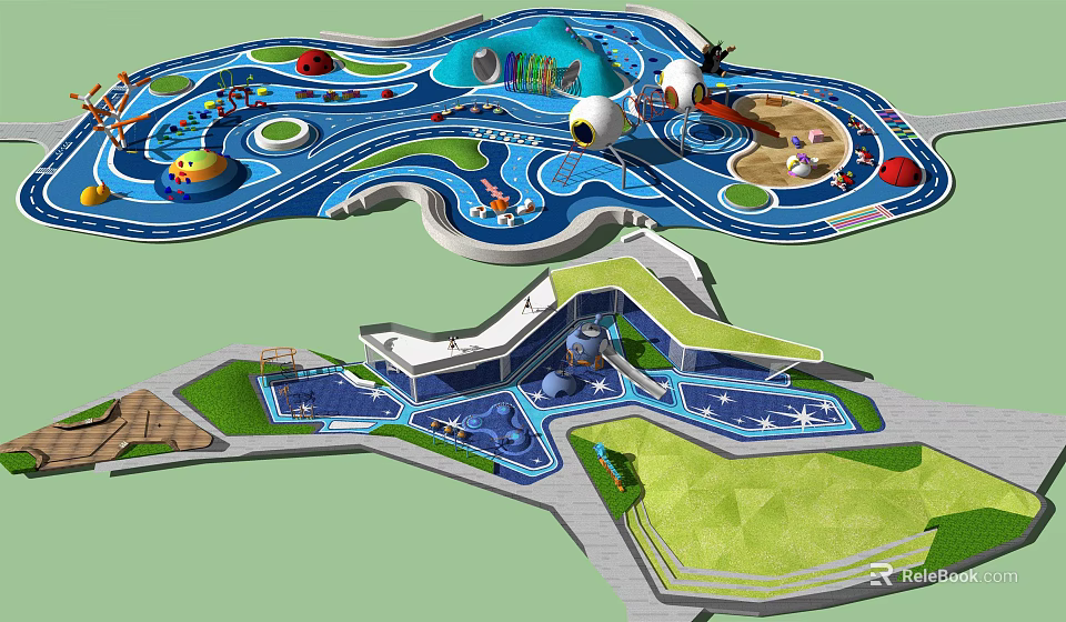 Children's Play Area With Water Pools Slides Sandpit Colorful Surfaces And Interactive Structures 3d model 