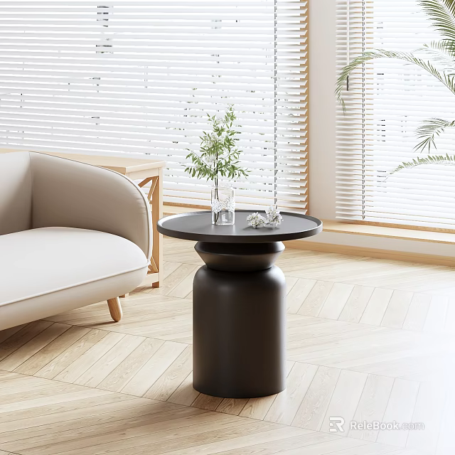 Modern Black Round Top Side Table With Cylindrical Base Living Room Beige Sofa Green Plant 3d model 