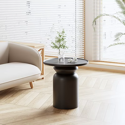 Modern Black Round Top Side Table With Cylindrical Base Living Room Beige Sofa Green Plant 3d model