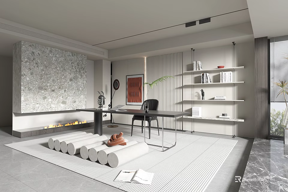 Modern Minimalist Study Room Interior With Stone Wall Glass Desk Black Chair And Bookshelves 3d model 