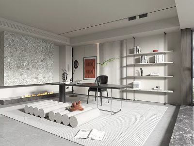 Modern Minimalist Study Room Interior With Stone Wall Glass Desk Black Chair And Bookshelves 3d model