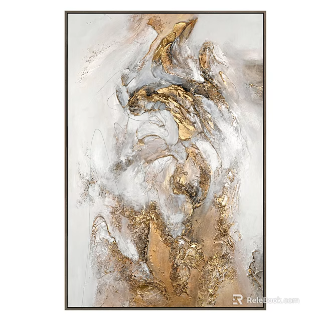 Modern Abstract Painting With Gold White Gray Fluid Texture And Metallic Accents 3d model 
