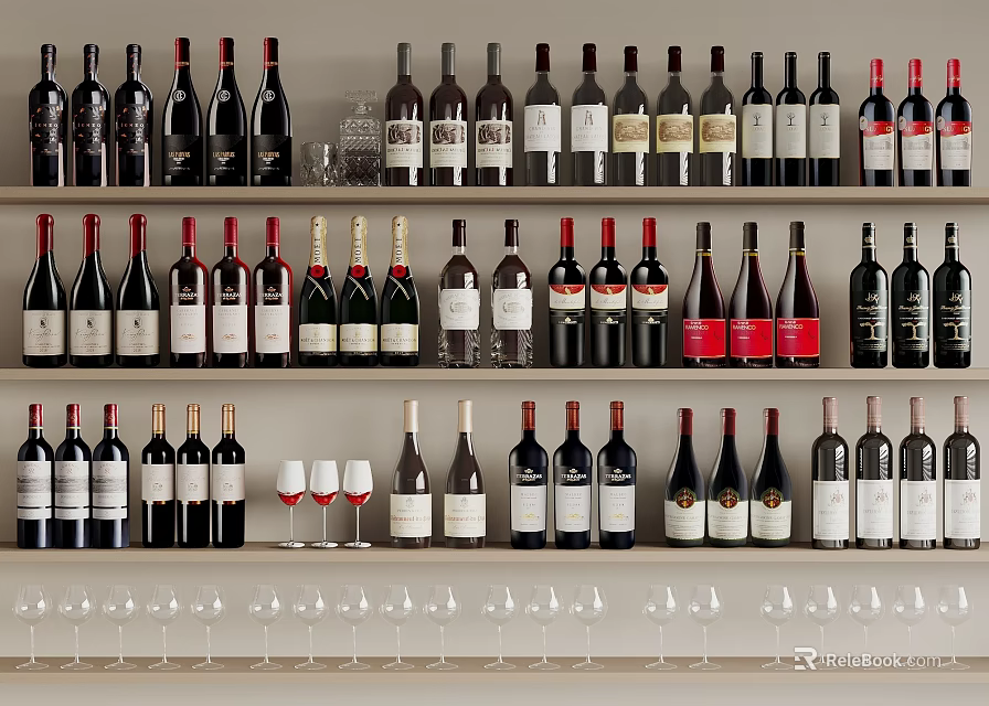 Elegant Wine Bottles And Glasses Display On Shelves For Home Collection 3d model 