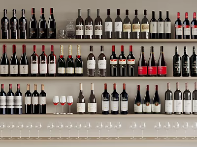 Elegant Wine Bottles And Glasses Display On Shelves For Home Collection 3d model