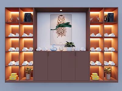 Modern Decorative Cabinet with Central Painting Lit Side Shelves Tea Sets Plants and Brown Doors 3d model