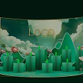Green Themed Display Stand With LOGO Clouds Mountains Columns And Flowers