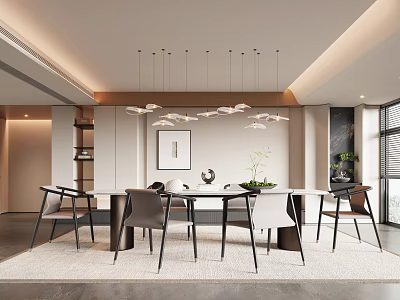 Elegant Modern Restaurant Interior With Long Dining Table Stylish Chairs Hanging Lights And Green Plants 3d model