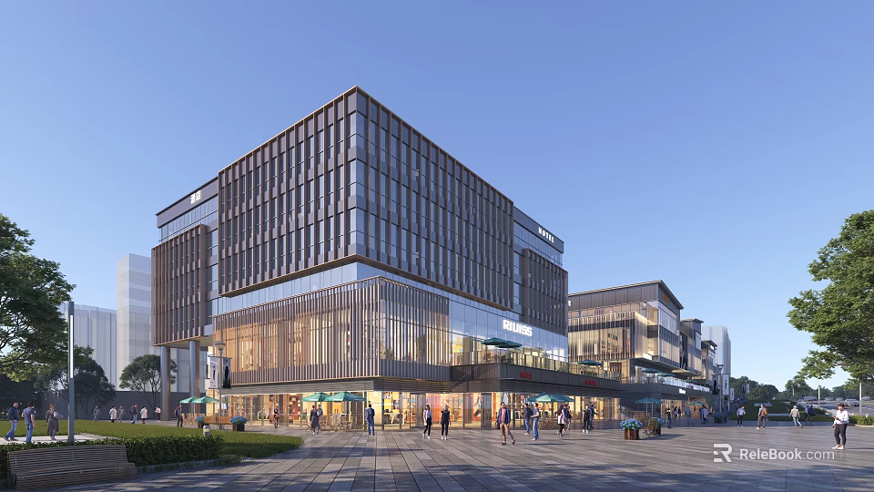 Modern Commercial Street with Glass Curtain Walls Contemporary Architecture Busy Pedestrians and Open Plaza Area 3d model 