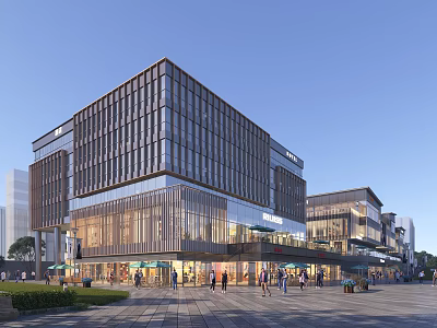 Modern Commercial Street with Glass Curtain Walls Contemporary Architecture Busy Pedestrians and Open Plaza Area 3d model