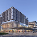 Modern Commercial Street with Glass Curtain Walls Contemporary Architecture Busy Pedestrians and Open Plaza Area