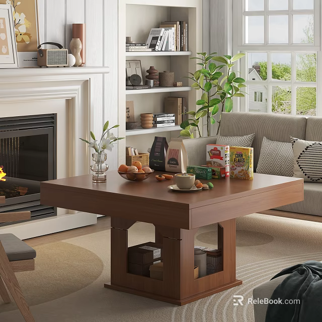 Wooden Coffee Table In Cozy Living Room With Fruits Cup Snacks Near Sofa Fireplace 3d model 