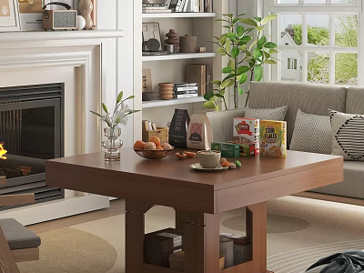 Wooden Coffee Table In Cozy Living Room With Fruits Cup Snacks Near Sofa Fireplace 3d model