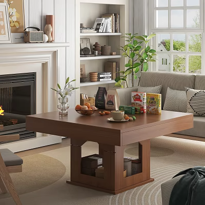 Wooden Coffee Table In Cozy Living Room With Fruits Cup Snacks Near Sofa Fireplace 3d model