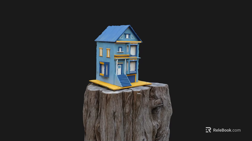Small Blue Two Story House Model With Windows Door And Stairs On A Tree Stump 3d model 