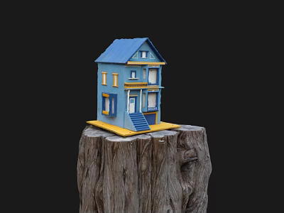Small Blue Two Story House Model With Windows Door And Stairs On A Tree Stump 3d model