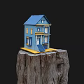 Small Blue Two Story House Model With Windows Door And Stairs On A Tree Stump