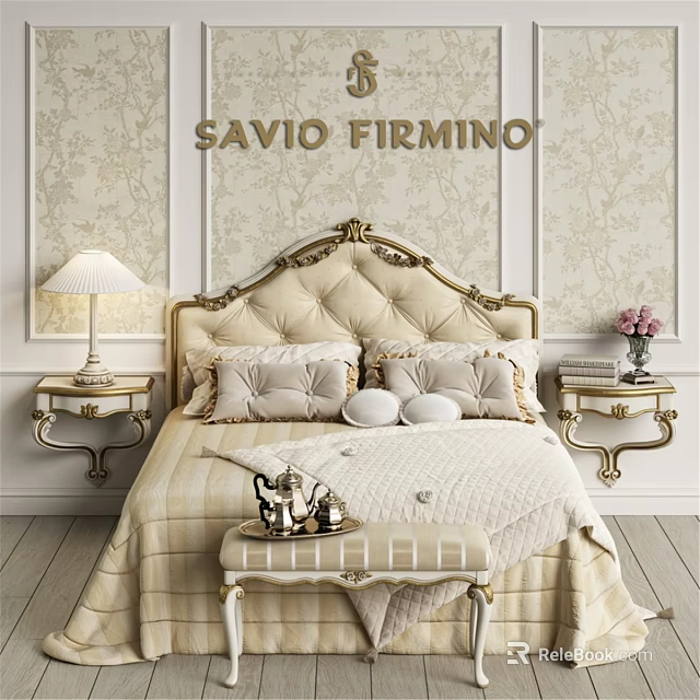 Elegant Double Bed With Gold Carved Tufted Headboard And Side Tables With Lamp 3d model 