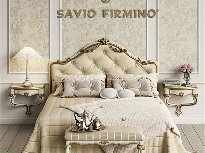 Elegant Double Bed With Gold Carved Tufted Headboard And Side Tables With Lamp 3d model