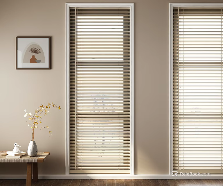 Stylish Window Blinds in Modern Interior with Table Vase and Wall Art 3d model 