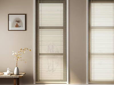 Stylish Window Blinds in Modern Interior with Table Vase and Wall Art 3d model