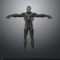Armored Superhero Character In Black And Silver Mechanical Suit With Extended Arms