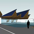 Modern Architectural Design With Blue Angled Roofs Wooden Structures And Pool Area 3d model