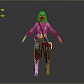 Woman With White Long Hair In Red Green Outfit And Belt Accessories Standing