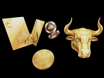 Golden Playing Cards And Poker Chips With Bull Head For Casino Entertainment 3d model